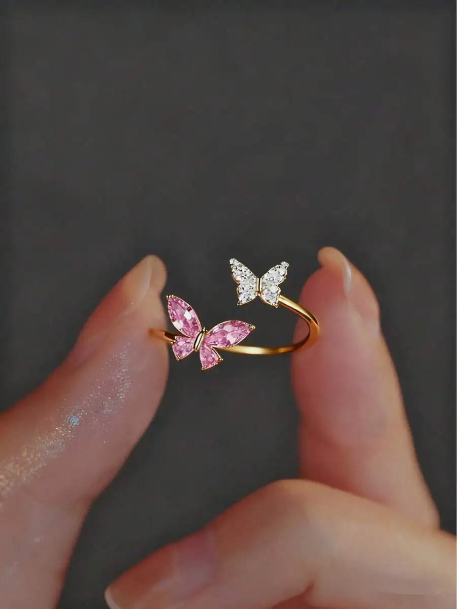 Butterfly Micro Inlaid Zirconia Adjustable Open Ring For Women