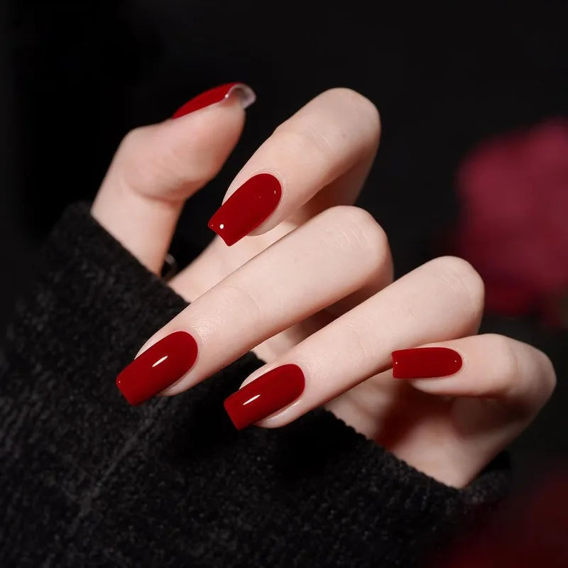 24Pcs Shiny Wine Red False Nails Artificial Press On Fake Nail Short Stiletto DIY Lady Nails