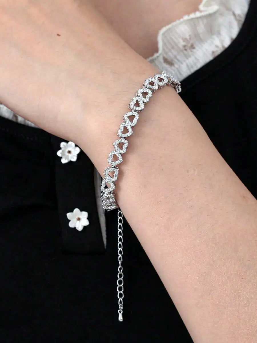 Luxury CuZirconia Heart Shaped Adjustable Bracelet, Minimalist Elegant Sparkly