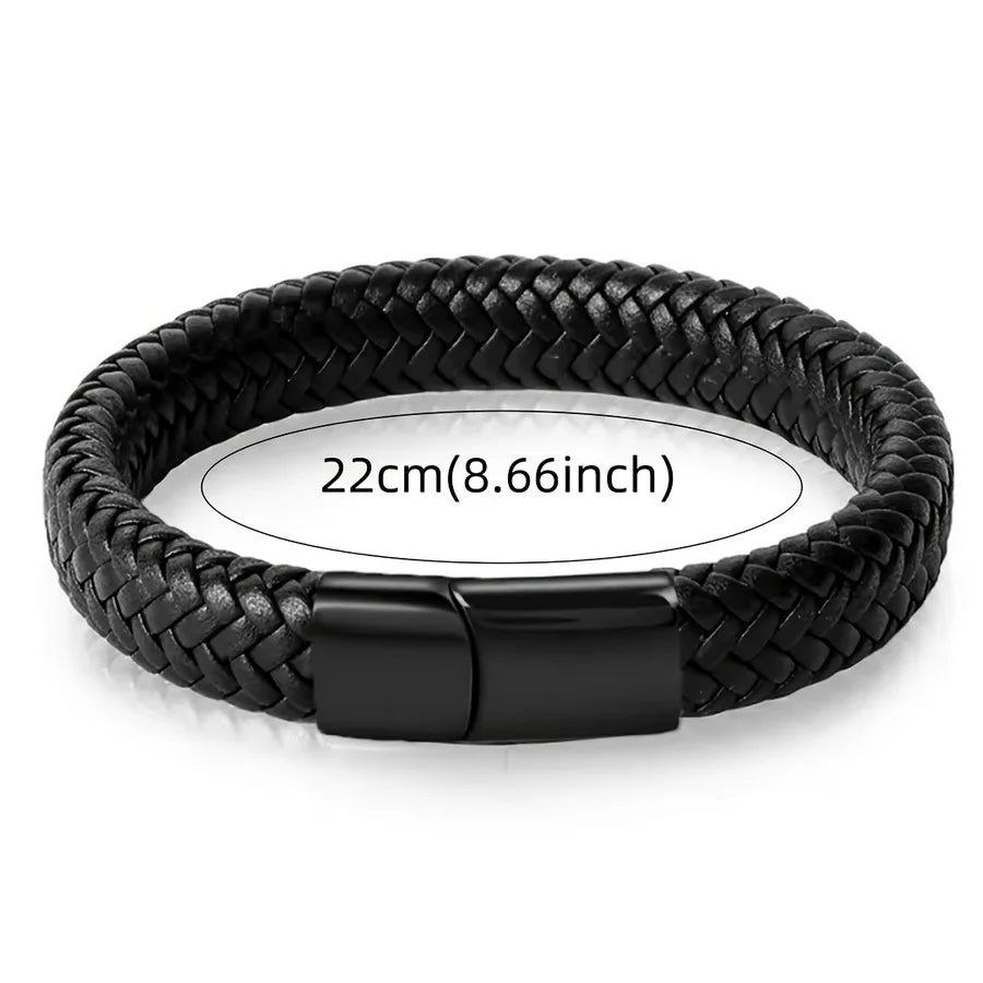 Charm Black Woven Faux Leather Bracelet for Men Fashion Bracelets Metal Magnetic Buckle Bead