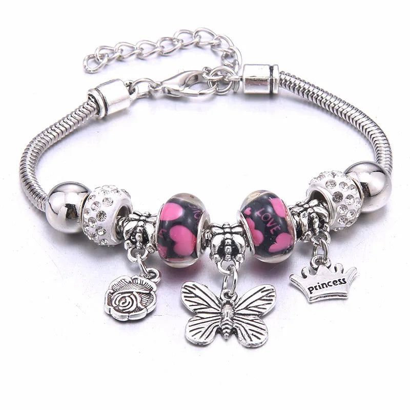 Pink Butterfly Charm Bracelet Snake Chain Lobster Clasp Beaded Bangle