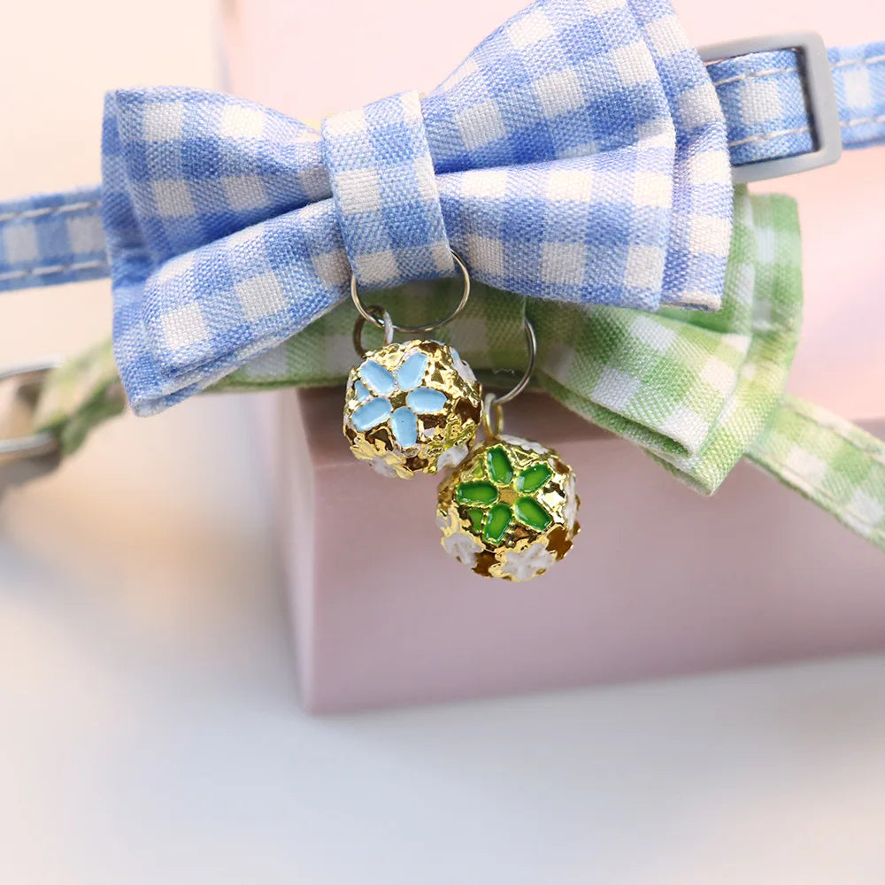 Beautiful pet collar cat dog bow plaid bell collar floral colored