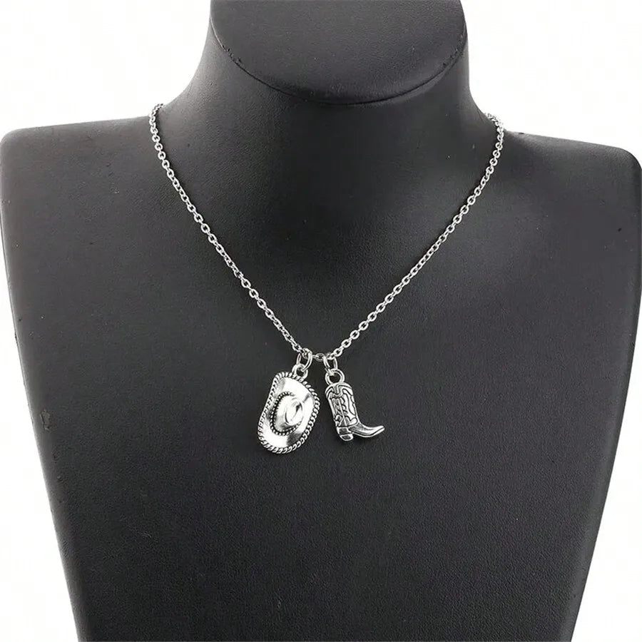Fashion Antique Silver Color Cowboy Hat Cowgirl Boots Pendant Necklace For Women
