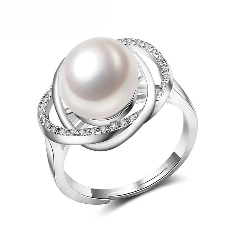 925 Silver Adjustable White Natural Freshwater Black Pearl Ring for Women, Cultured Natural Pearl Ring