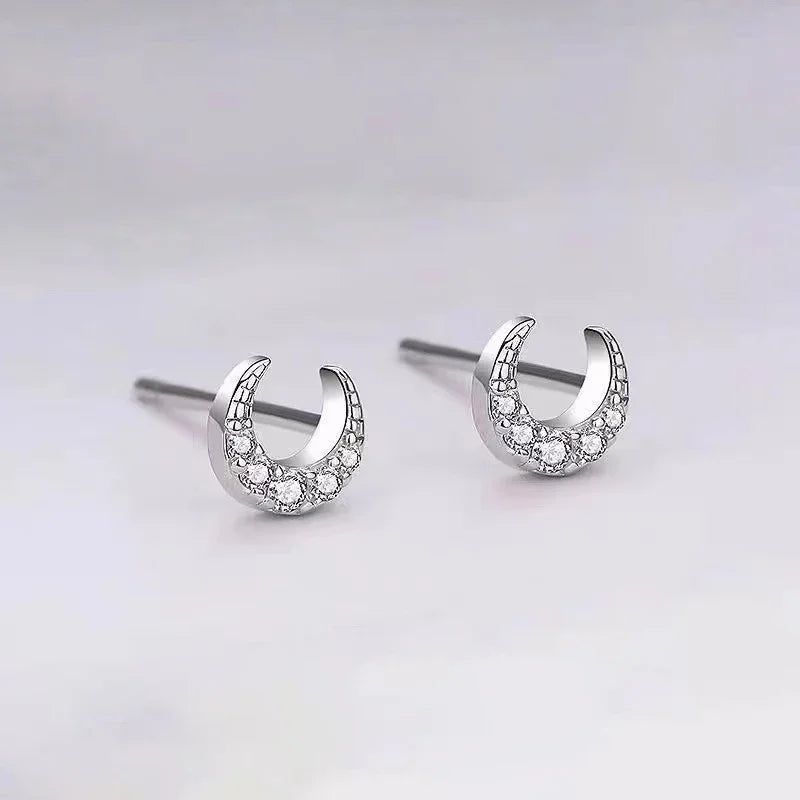Real 925 Sterling Silver Zircon Moon Mini Stud Earrings For Women Classic Fine Jewelry