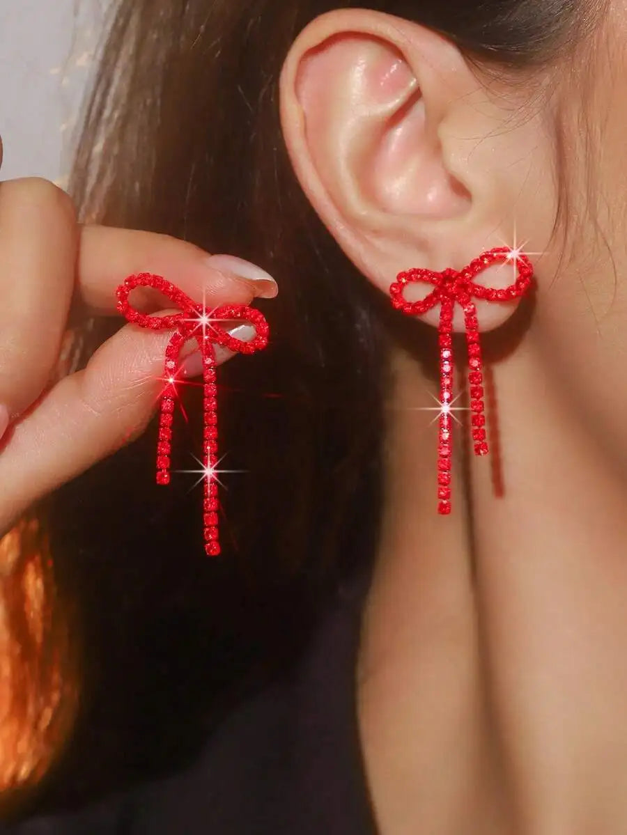 Elegant Bow Tassel Drop Earrings With Pink Crystal For Women