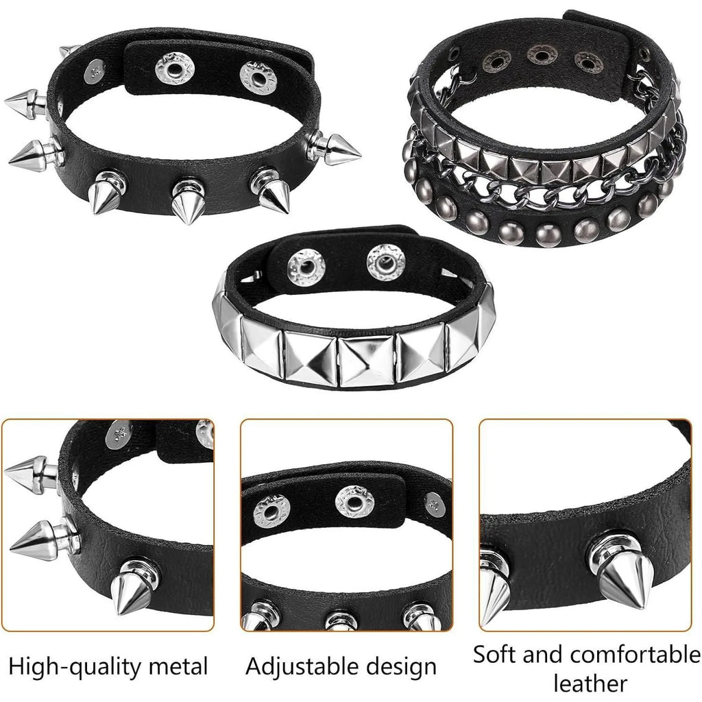 3 Piece Punk Rock Studded Bracelets Black Spiked Leather Cuff Bracelet for Men and Women Adjustable