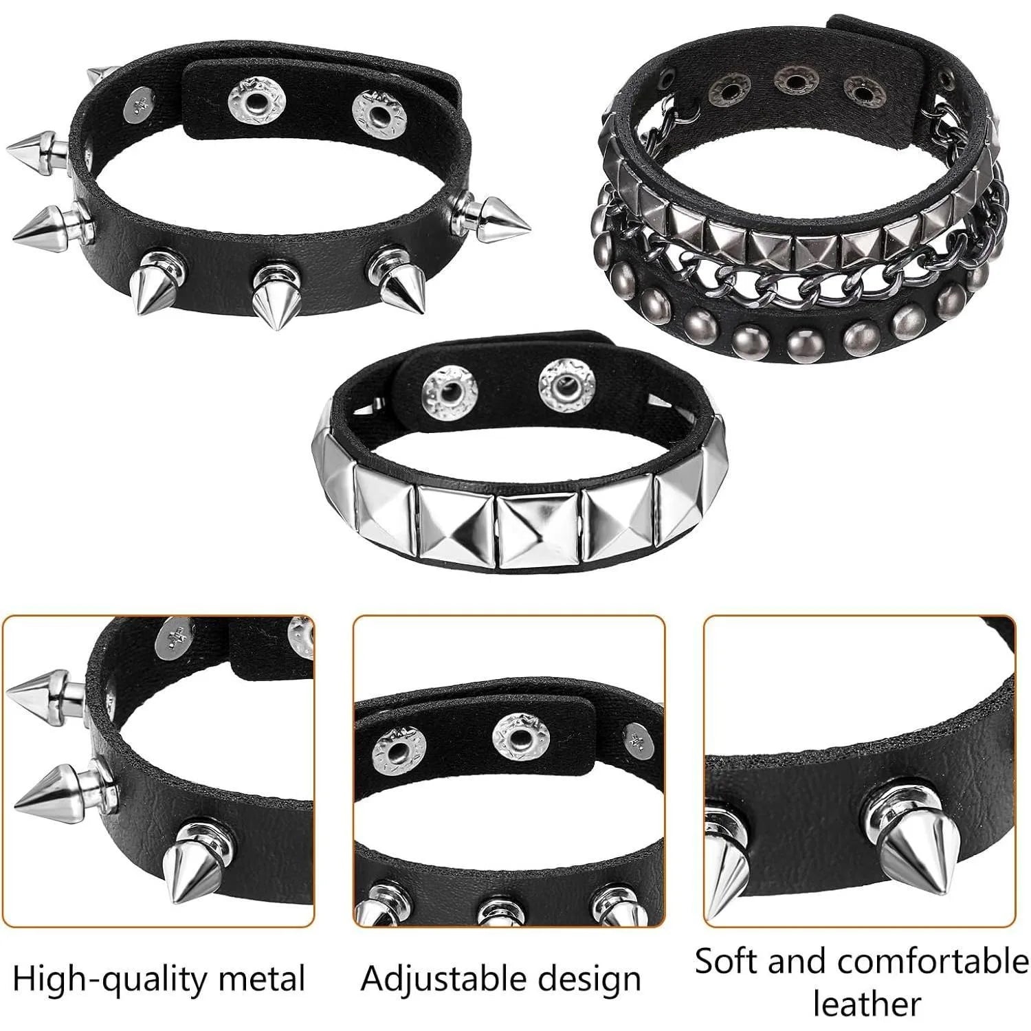 3 Piece Punk Rock Studded Bracelets Black Spiked Leather Cuff Bracelet for Men and Women Adjustable