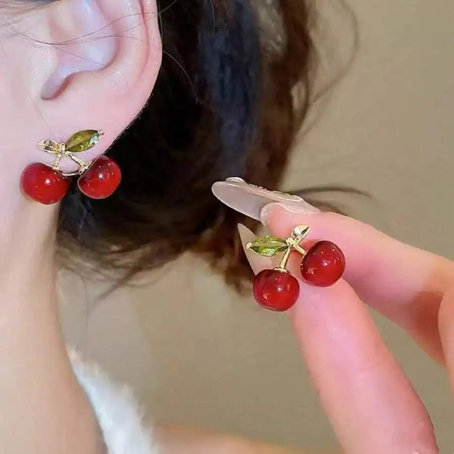 Cherry Design Stud Earrings For Women Red And Green Gemstone Fashion Jewelry