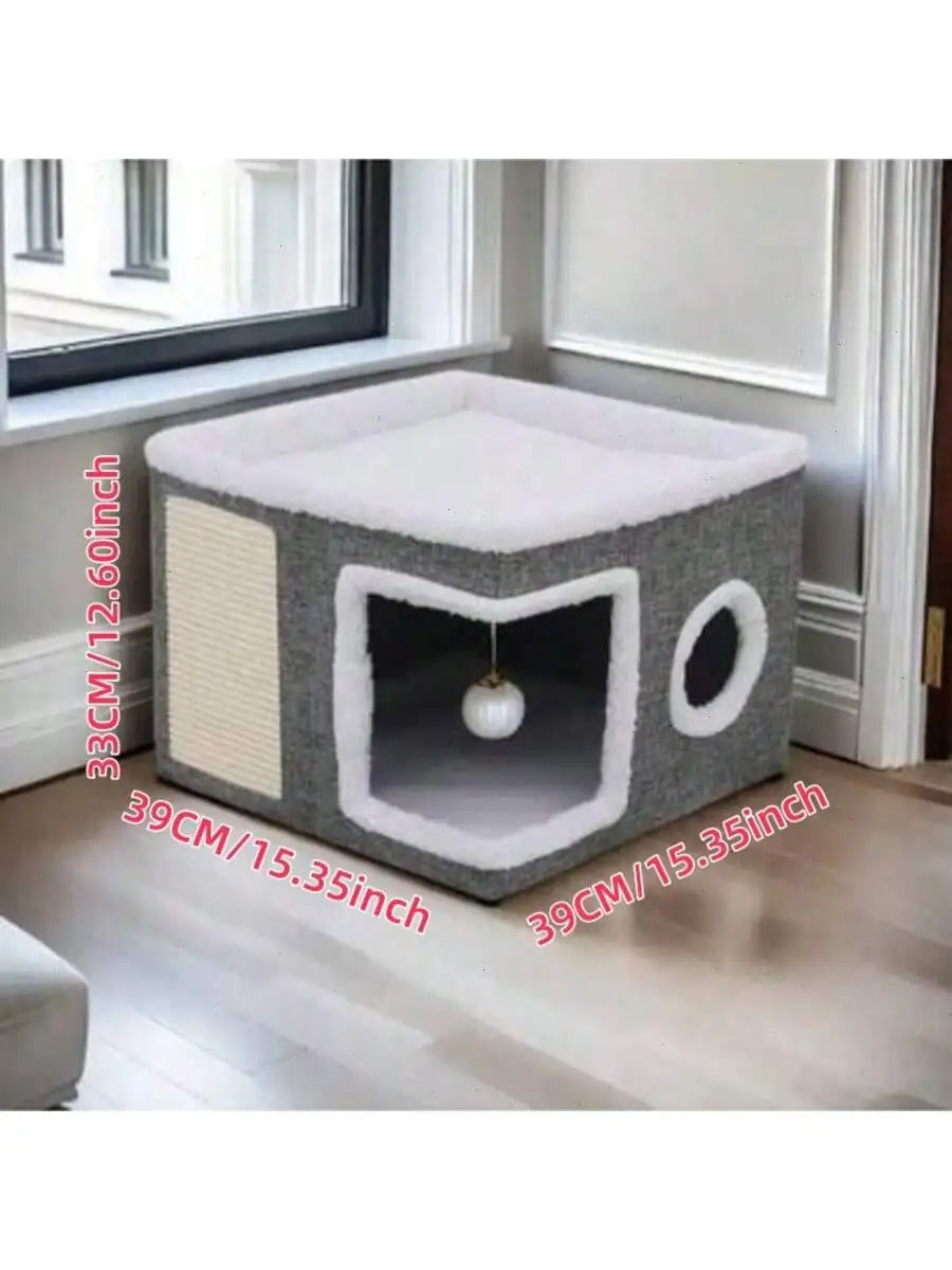 4-Season Multi-Level Cat House: Foldable Indoor Play Cube with 2-Layer Bed