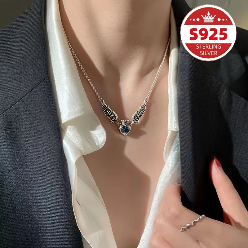 Beautiful S925 sterling silver retro old love crown wing necklace
