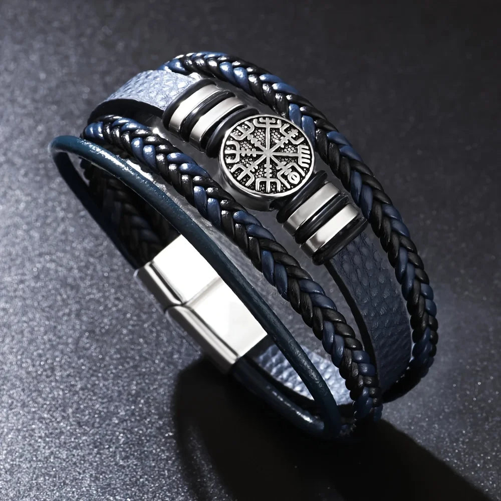 A Stylish Punk Multi-Layer Men's Bracelet, Trendy Compass Bracelet, Woven Rope Bracelet