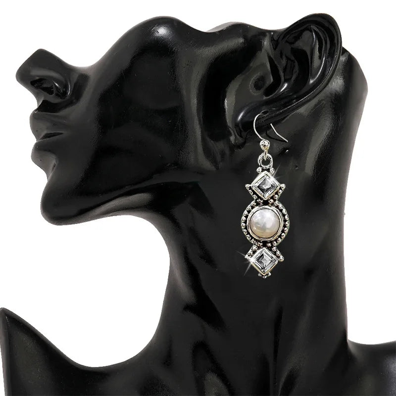 Vintage Thai Silver Pearl Earrings, Creative Square Zircon Olive Green Long Dangle Earrings