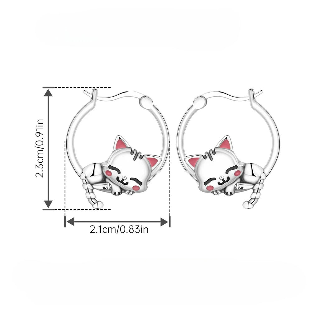 Cute Sleeping Cat Hoop Earrings Silver plated for Women Girls Daily Party Wear