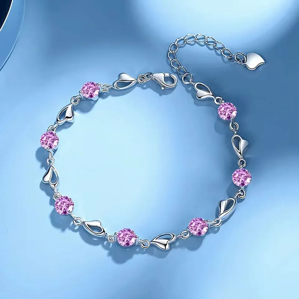 Beautiful 925 Sterling Silver Heart Shaped Bracelet For Women vintage style Pink Moissanite