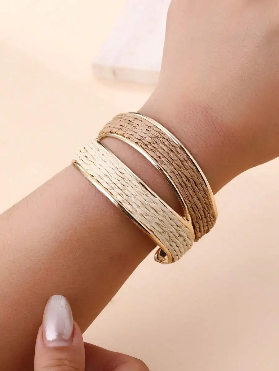 Handmade Bohemian Style Dual-Tone Open Bangle Bracelet, Exquisite And Textured