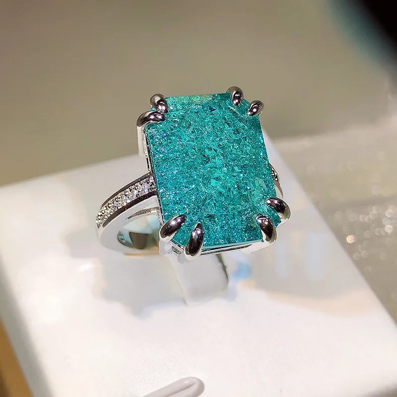 925 Silver Plated Exquisite Blue Green Moissanite Ring Fire Sparkling Luxury Open Ring