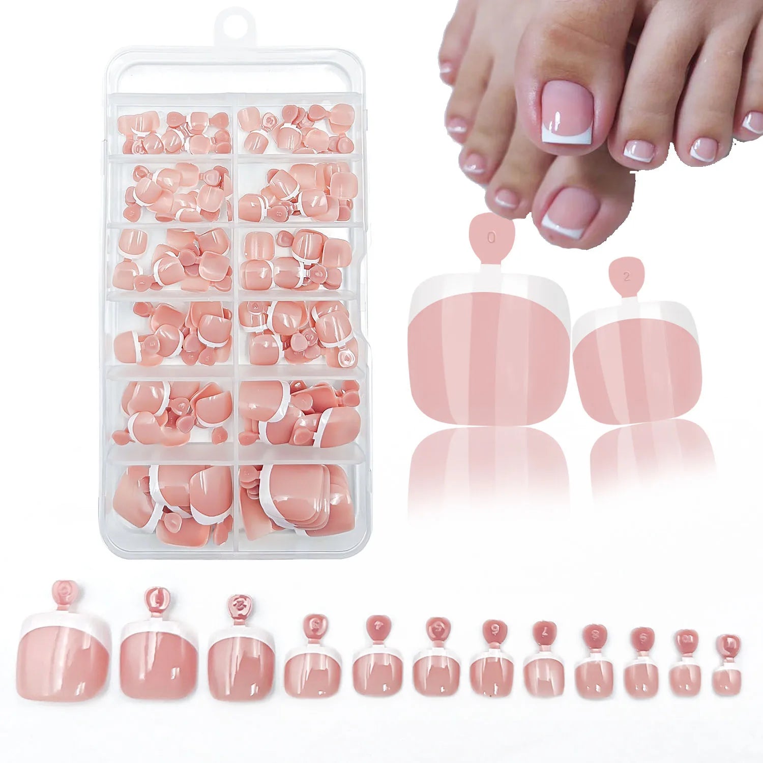 120Pcs Glossy Nude Pink French Press-On-Toenail Set 1*Box Short French Square  Fake Toe Nails Solid