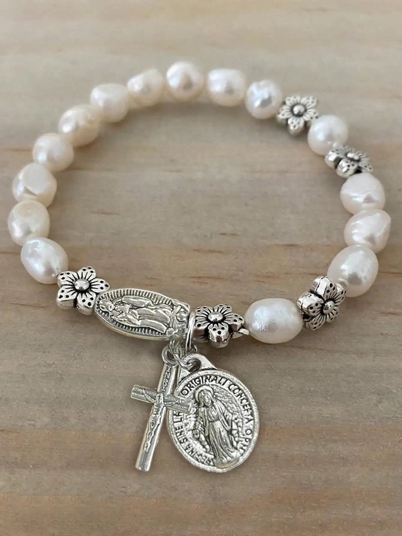 Beautiful Faux Pearl Beaded Flower & Cross Virgin Mary Pendant Bracelet, Vintage Style