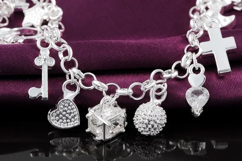 Fashion 925 Sterling Silver Bracelet for Woman Pretty Heart Zircon Pendant Chain 20CM 8inch