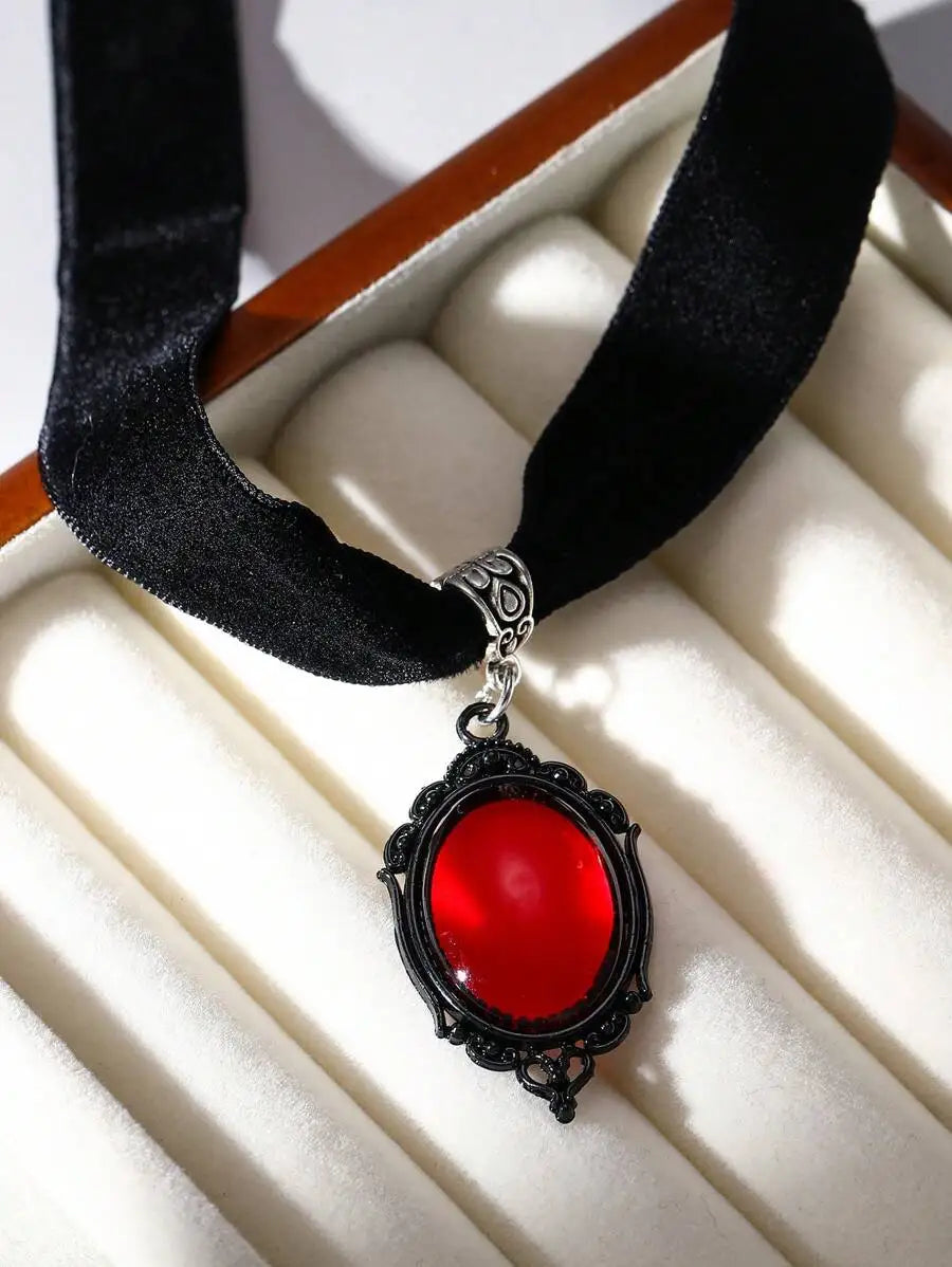 Handmade Black Velvet Gothic Choker Necklace With Red Resin Pendant