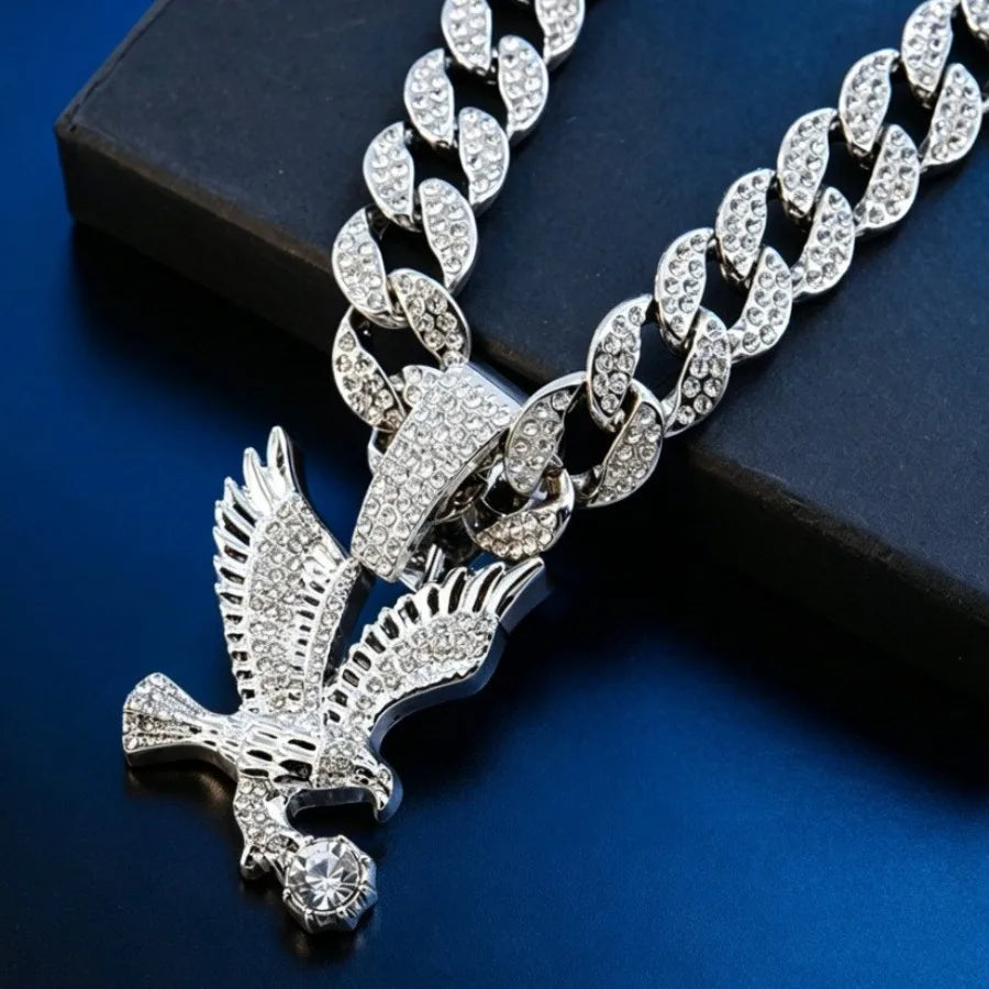 Gorgeous spread wings eagle pendant, Cuban necklace, men and women