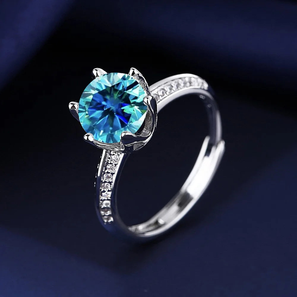 Beautiful 925 Sterling Silver Multicolor Green Moissanite Ring Adjustable Open Band