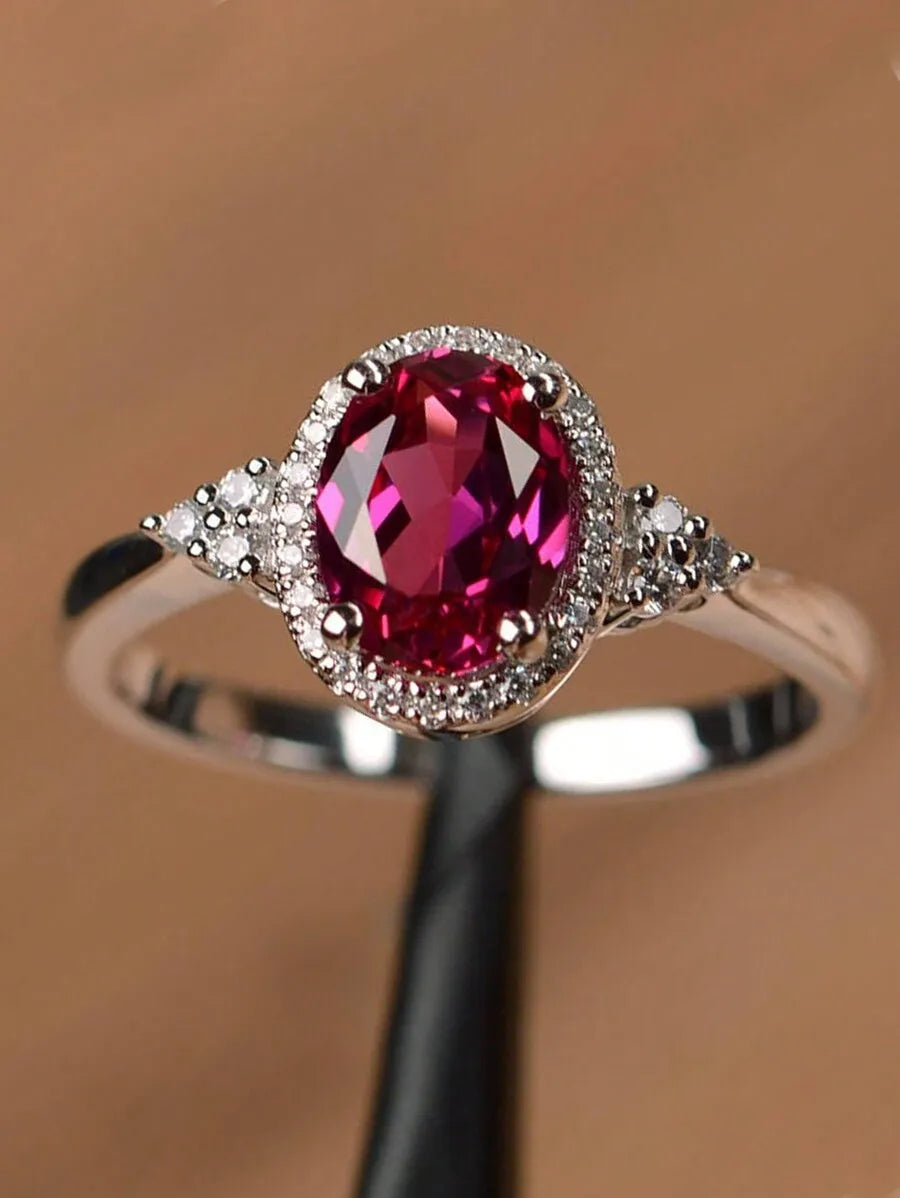 Fuchsia Cubic Zirconia Oval Ring With Pave Setting For Women
