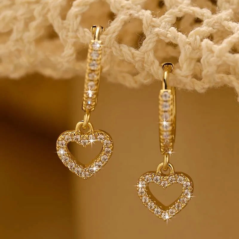 Luxury Crystal Zircon Heart Pendant Earrings For Women Fashion Gold Color Hollow Circle Geometric Ear Buckle Wedding Jewelry