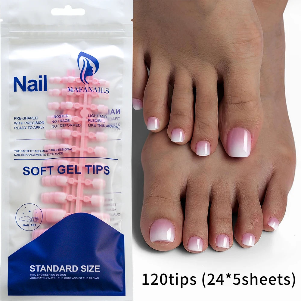 120Pcs Glossy Nude Pink French Press-On-Toenail Set 1*Box Short French Square  Fake Toe Nails Solid