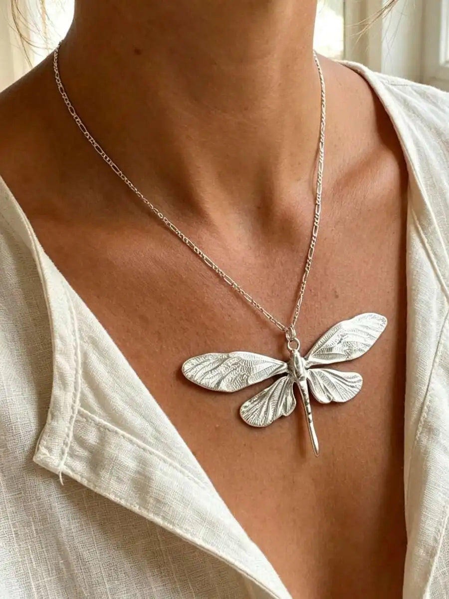Vintage Dragonfly Pendant Necklace Metal Silver Tone For Women