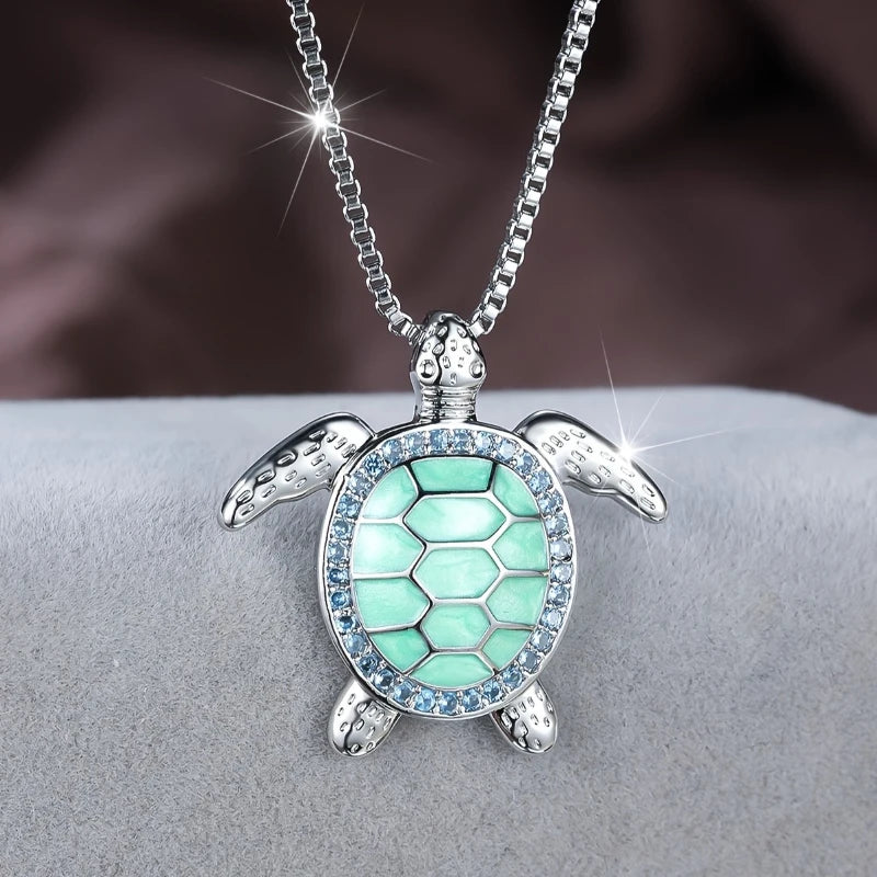 Bohemian Style Inlaid Green Synthetic Zirconia Turtle Pendant Necklace for Women