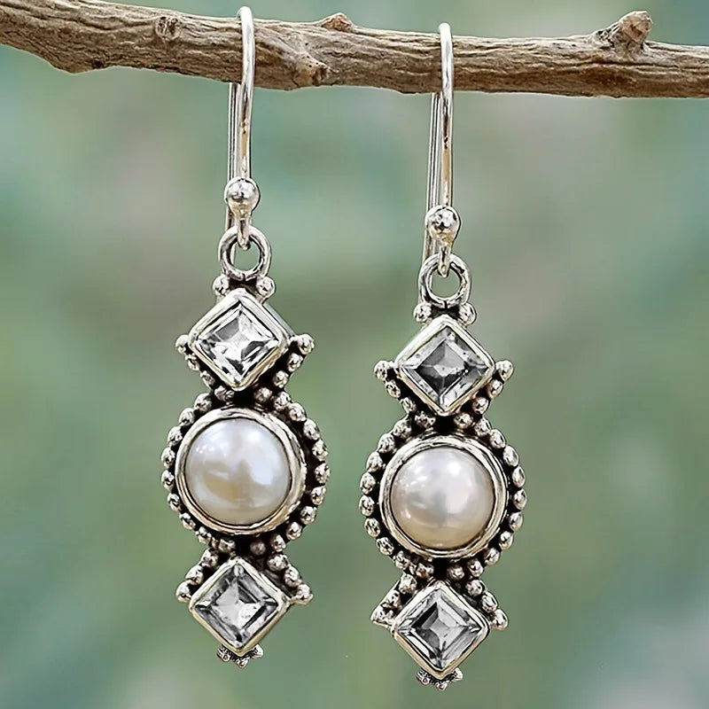 Vintage Thai Silver Pearl Earrings, Creative Square Zircon Olive Green Long Dangle Earrings