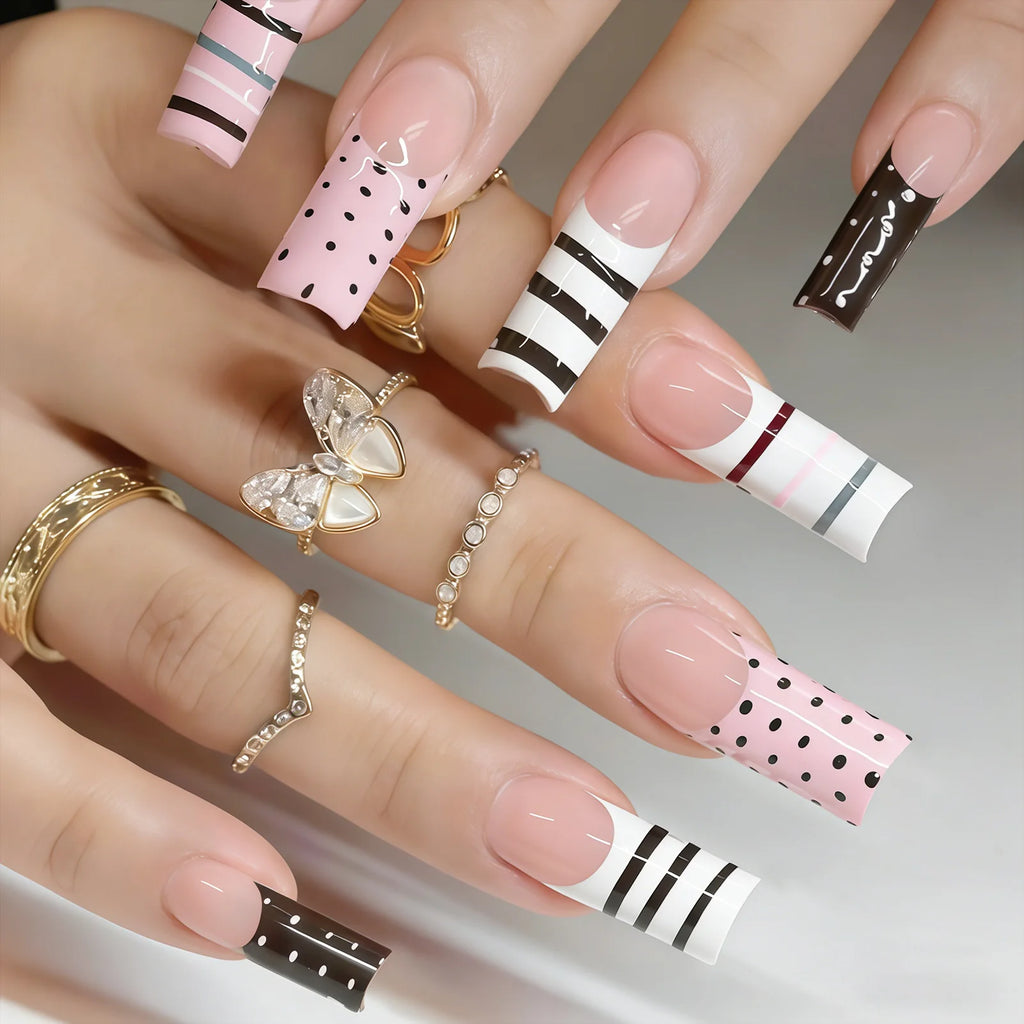 24PCS French Press on Nails Sweet Punk Vine Striped Pink Black French Nail Tip