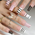 24PCS French Press on Nails Sweet Punk Vine Striped Pink Black French Nail Tip