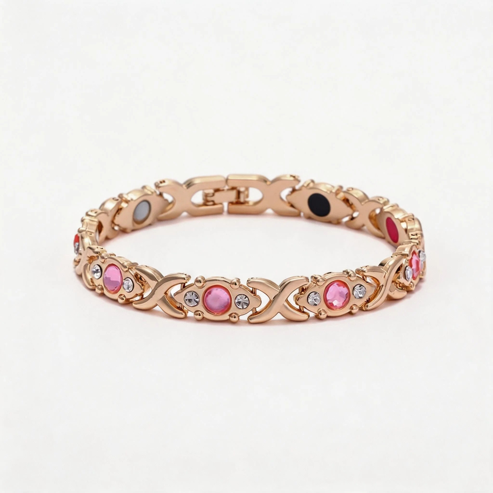 Rose Gold Magnetic Bracelet for Women, Pink Black Gemstone Crystal XO Link Health Bracelet