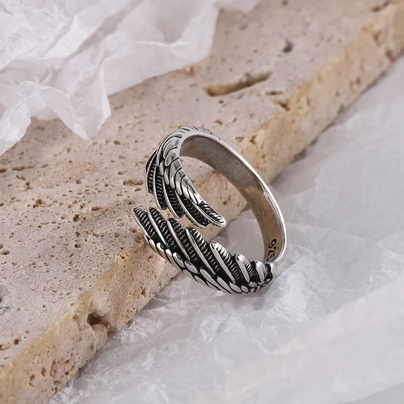 925 Sterling Silver Angel Wing Feather Adjustable Rings For Women