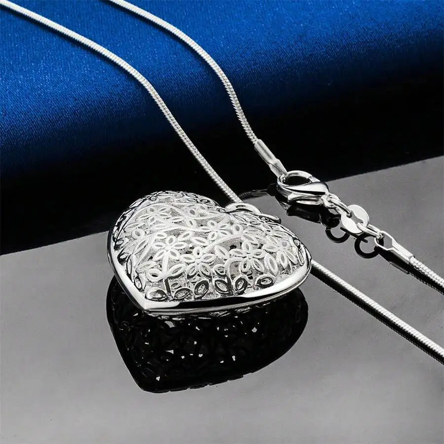 Elegant 925 Silver Plated Hollow Heart Pendant Necklace