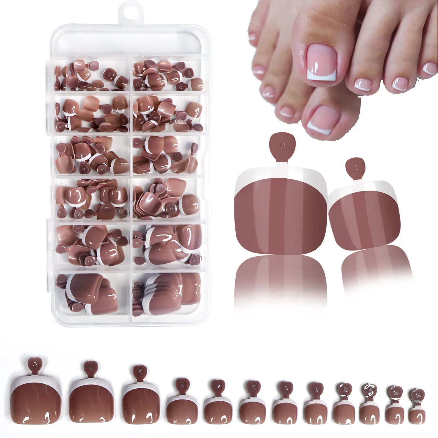 120Pcs Glossy Nude Pink French Press-On-Toenail Set 1*Box Short French Square  Fake Toe Nails Solid
