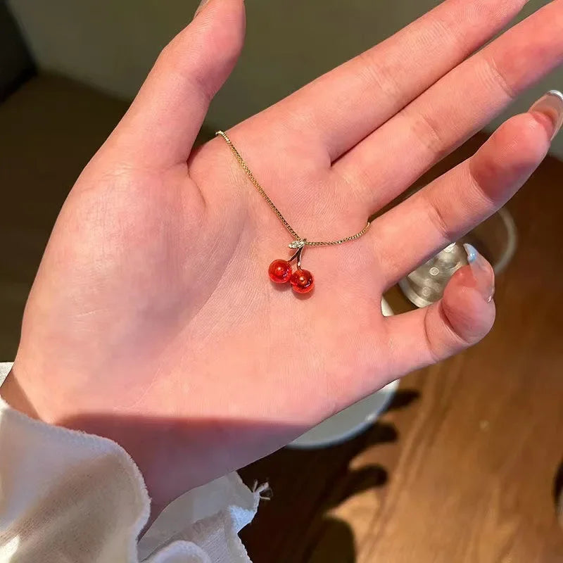 New Wine Red Cherry Gold Color Pendant Necklace For Women