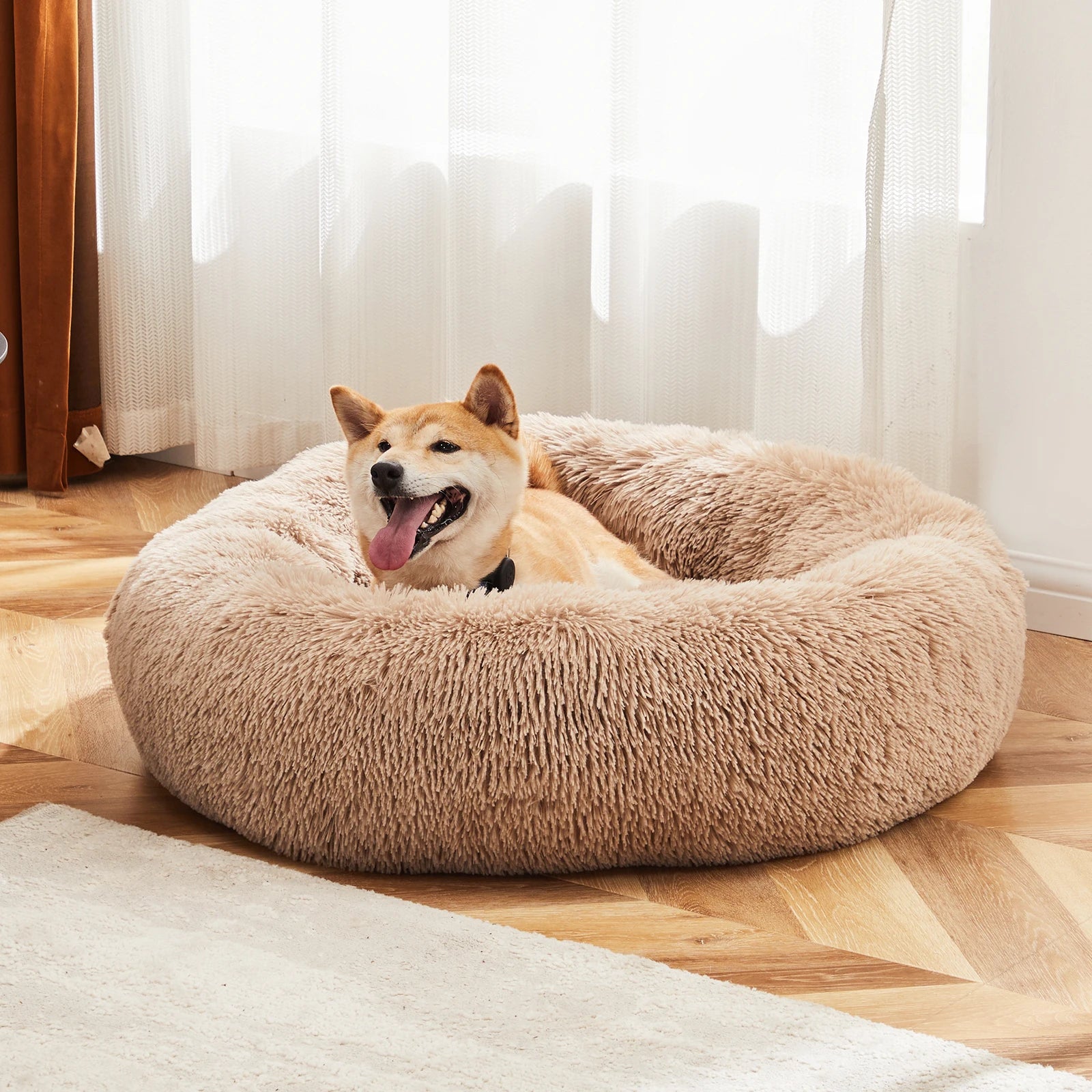 Calming Dog Bed for Medium to Large Dogs Washable Large Pet Bed Anti-Slip Round Fluffy Plush