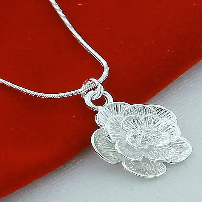 18/20-24/26/30 Inch Snake Chain For Women  Silver color Rose Flower Pendant Necklace
