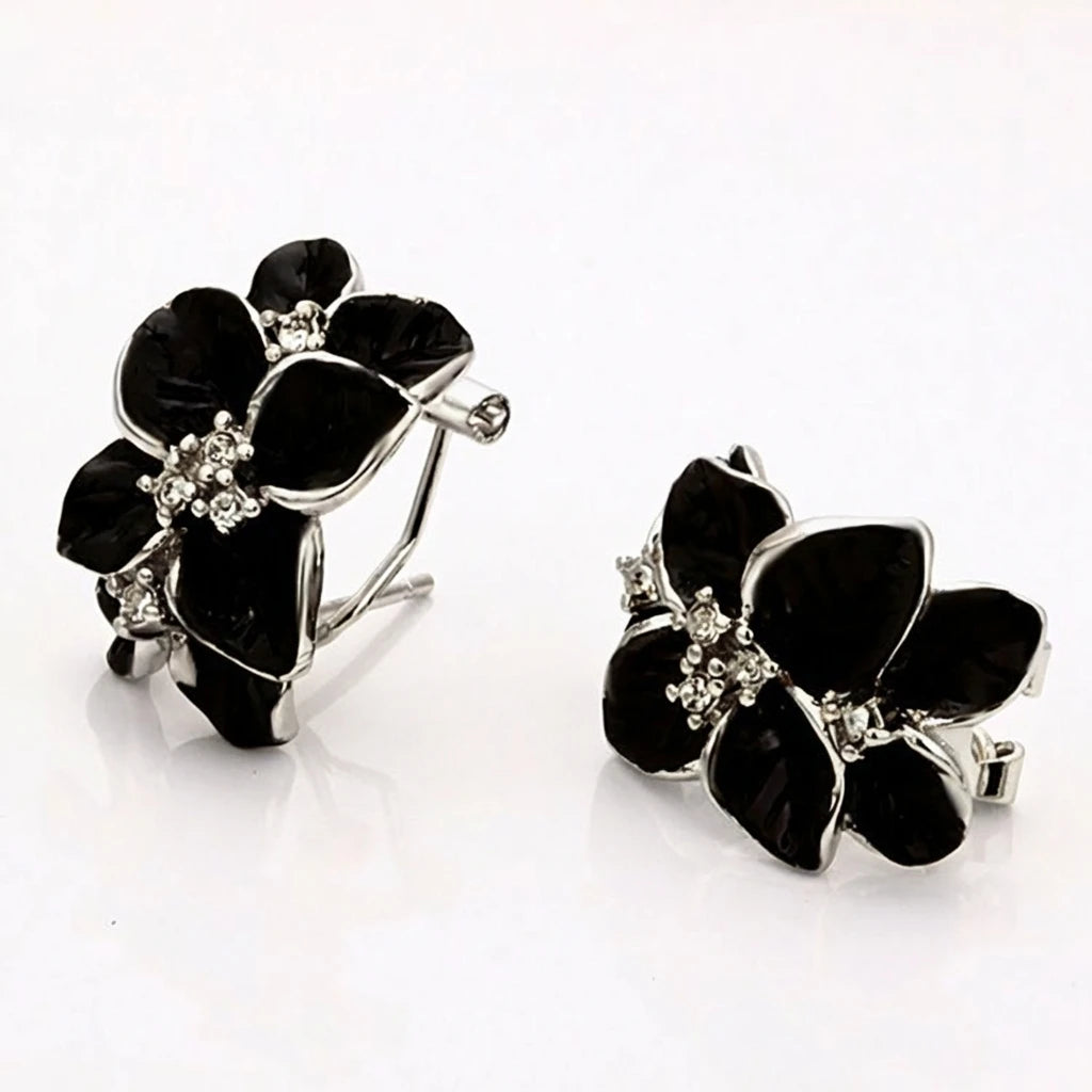 Real 925 Sterling Silver Black Vintage Enamel Flower Earrings CZ French Clip