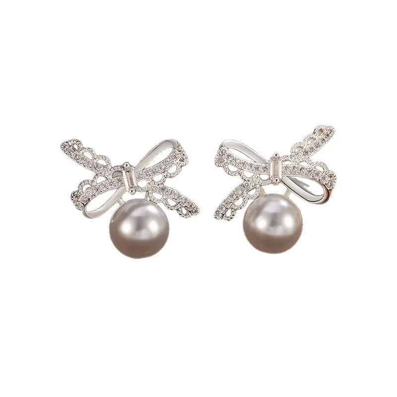 Cute Girl Fashion Trendy Lace Bow Pearl Earrings