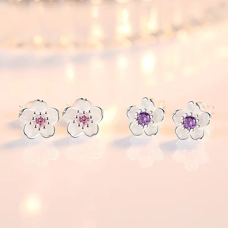 Beautiful Pink purple zircon flower small earrings for ladies