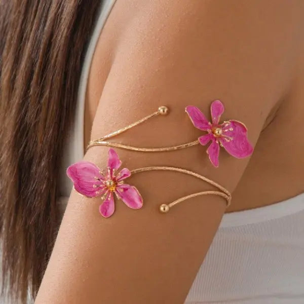 Elegant Sexy Flower Open Cuff Armlet for Women Vintage Enamel Glaze Craft Floral Adjustable Arm Bracelet
