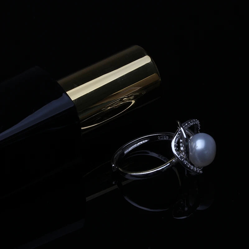 925 Silver Adjustable White Natural Freshwater Black Pearl Ring for Women, Cultured Natural Pearl Ring