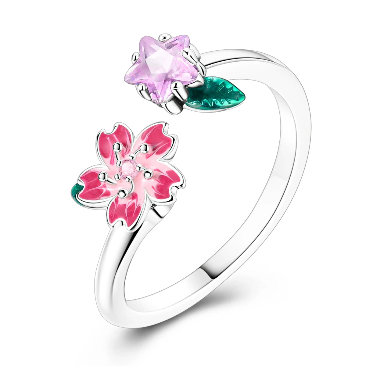 Cute Silver Rotating Cherry Blossom Open Adjustable Ring for Women