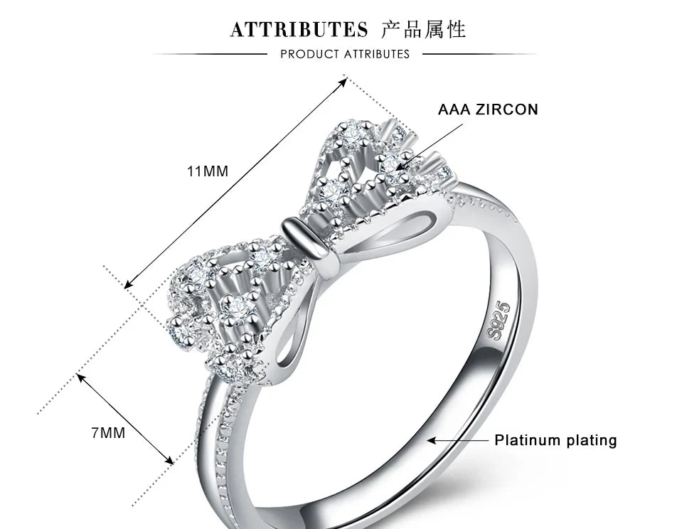 Beautiful 925 Sterling Silver Lovely Bowknot Shaped Jewelry Ring Micro Paved Bow Tie Zircon