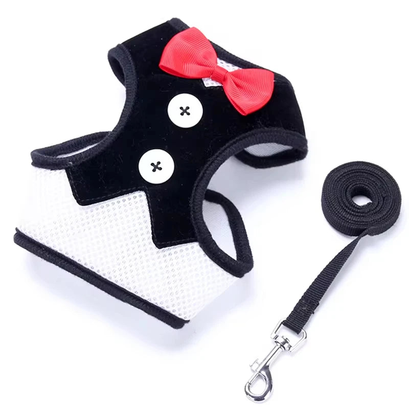 Elegant Bowtie Dog Harness Vest with Leash Adjustable Cat Harness Leash Set Cute Bowknot Tuxedo